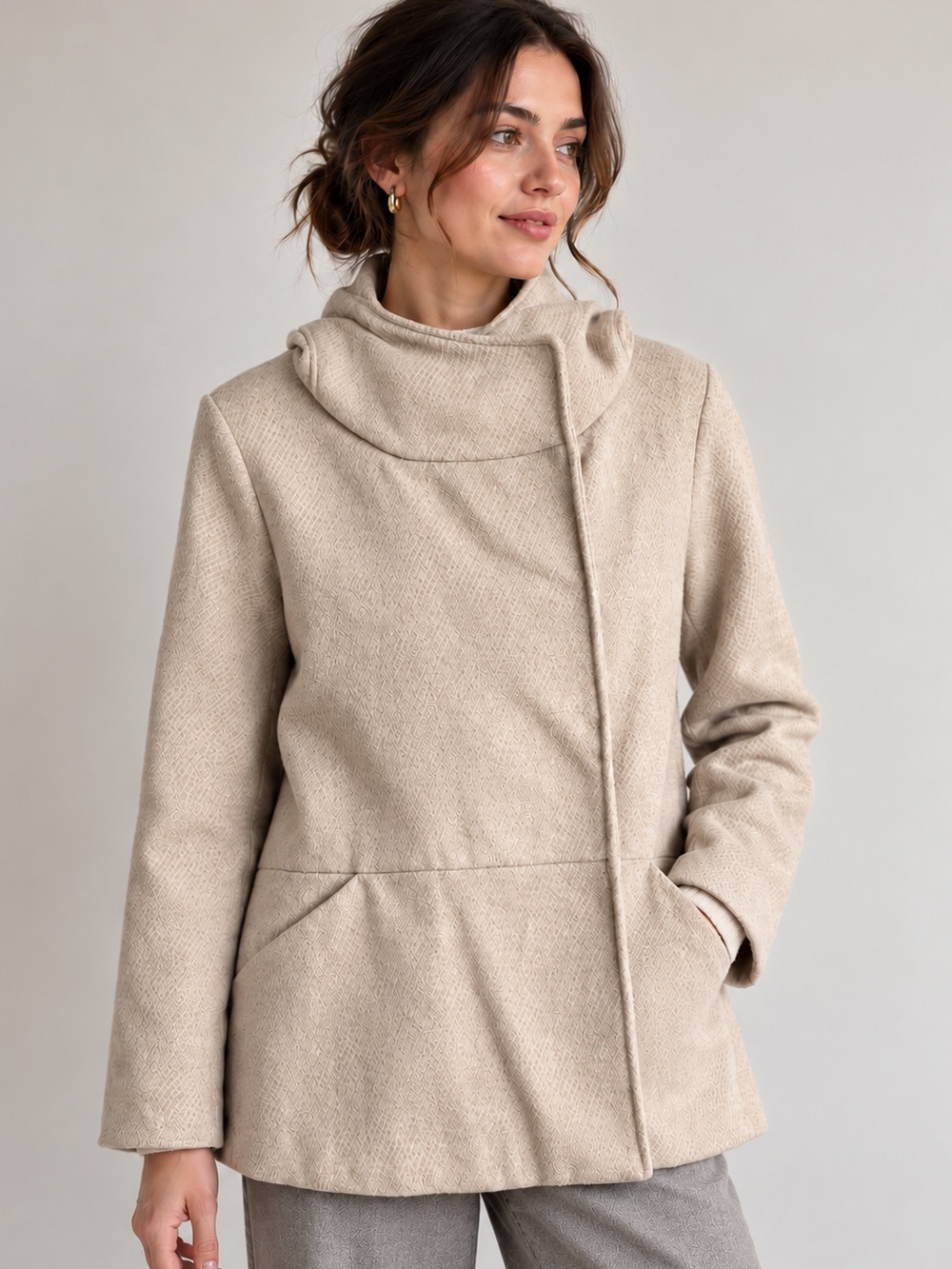 Twik Wool (32%) Asymmetrical High Neck Jacket – Beige Textured Coat - Size M
